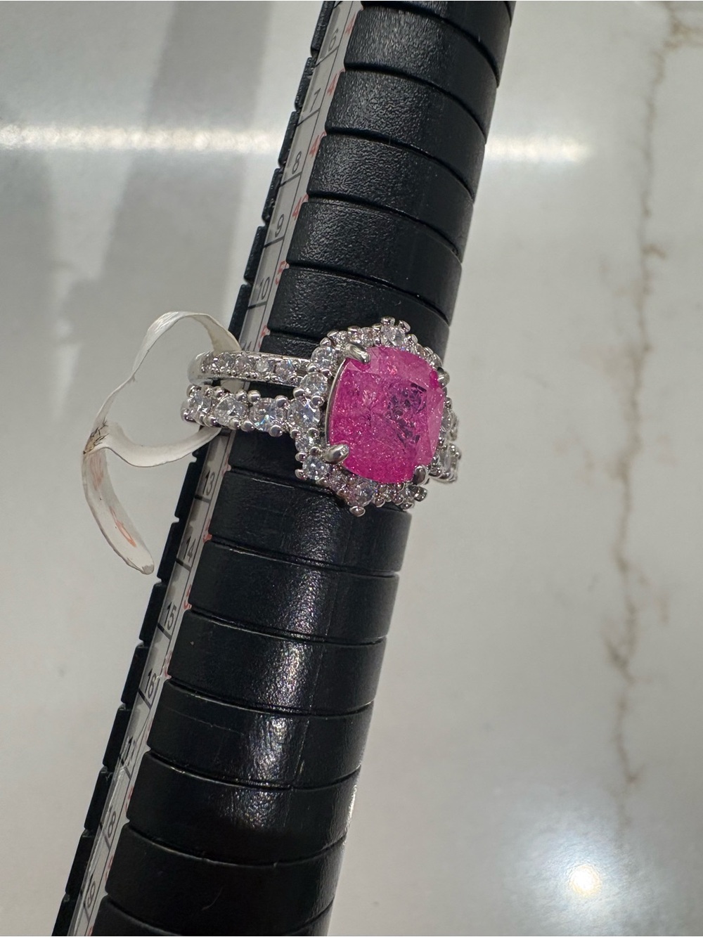 Fuchsia Cushion Halo Ring with Silver-Tone Pavé Band